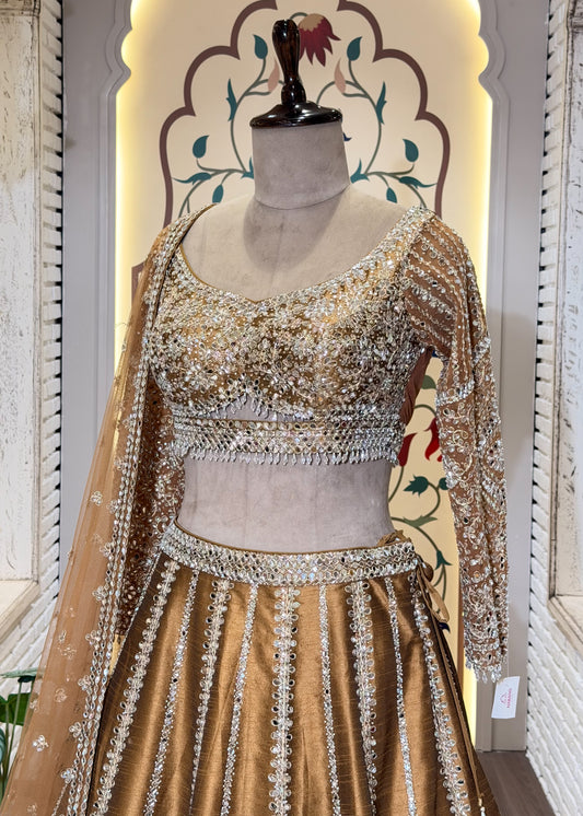 Mustard Mirror Embroidered Designer Lehenga with Full Sleeves Blouse