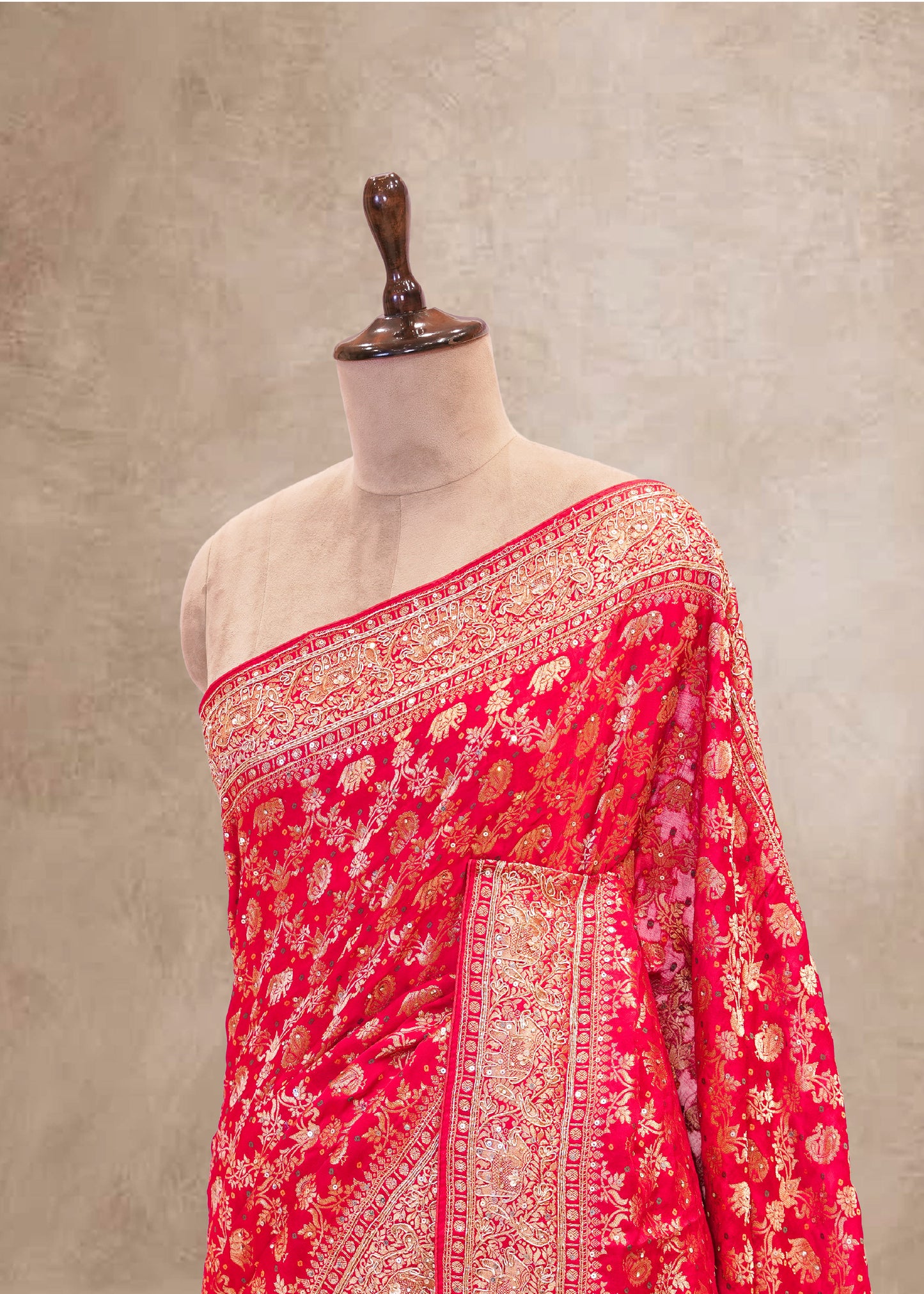 Red Hand Embroidered Dola Silk Saree with Elephant Motifs and Unstitched Blouse