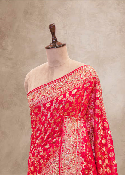 Red Hand Embroidered Dola Silk Saree with Elephant Motifs and Unstitched Blouse