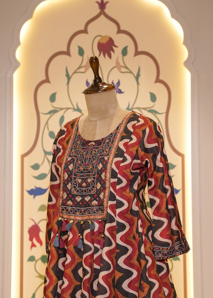 Brown & Red Printed Peplum with Pants Co-ord Set