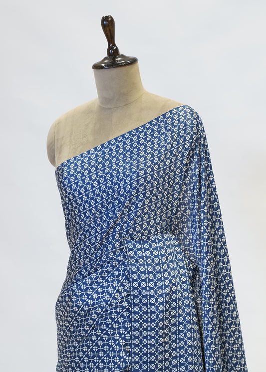 Blue Printed Modal Crepe Saree with Unstitched Blouse