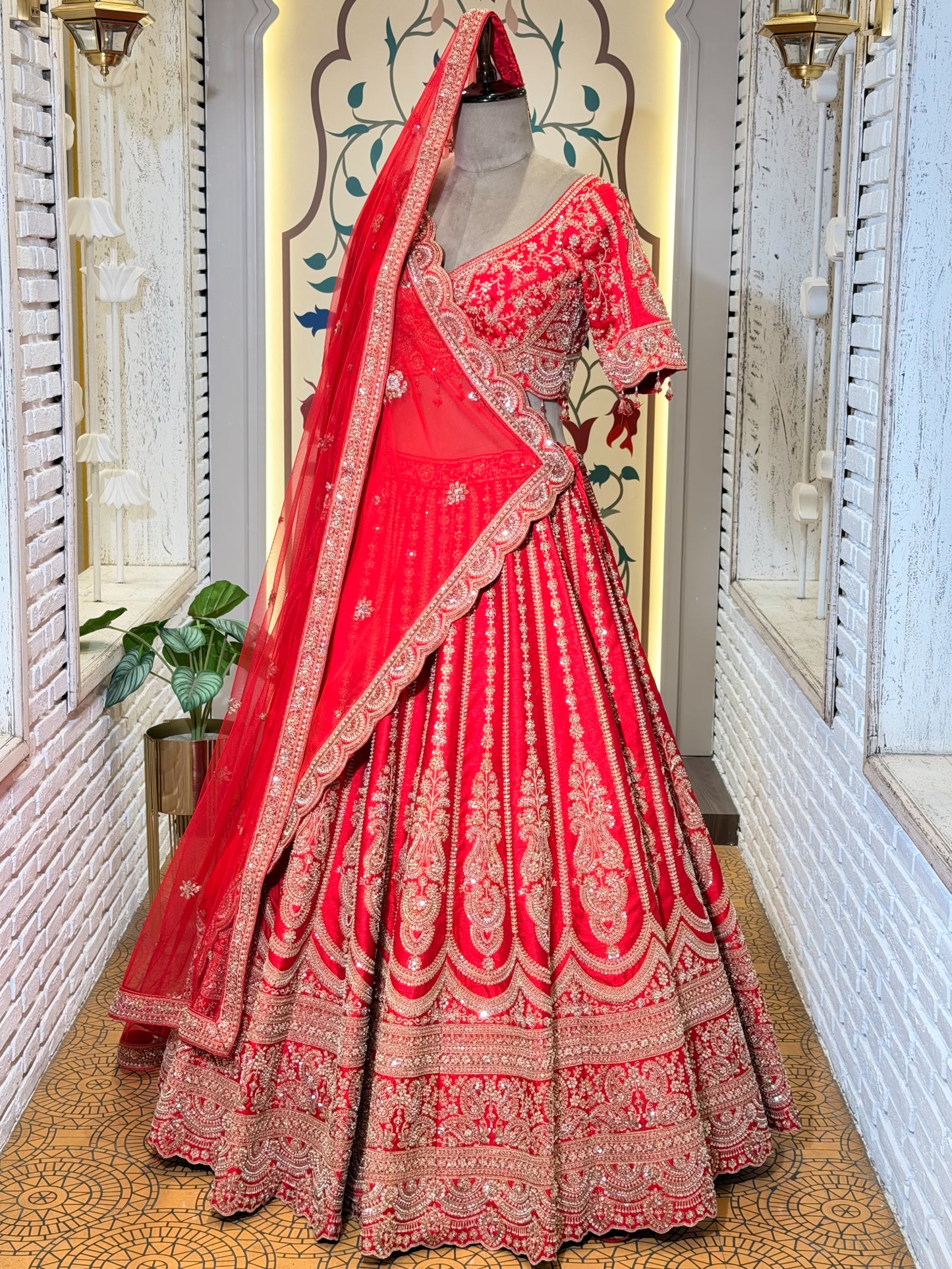 Red Bead Embroidered Kali Style Bridal Lehenga with Stitched Blouse & 2 Dupattas