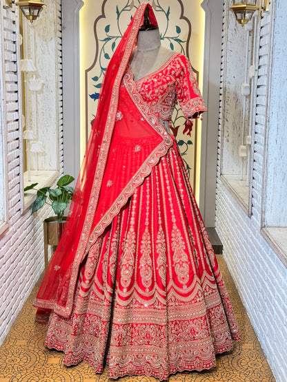 Red Bead Embroidered Kali Style Bridal Lehenga with Stitched Blouse & 2 Dupattas