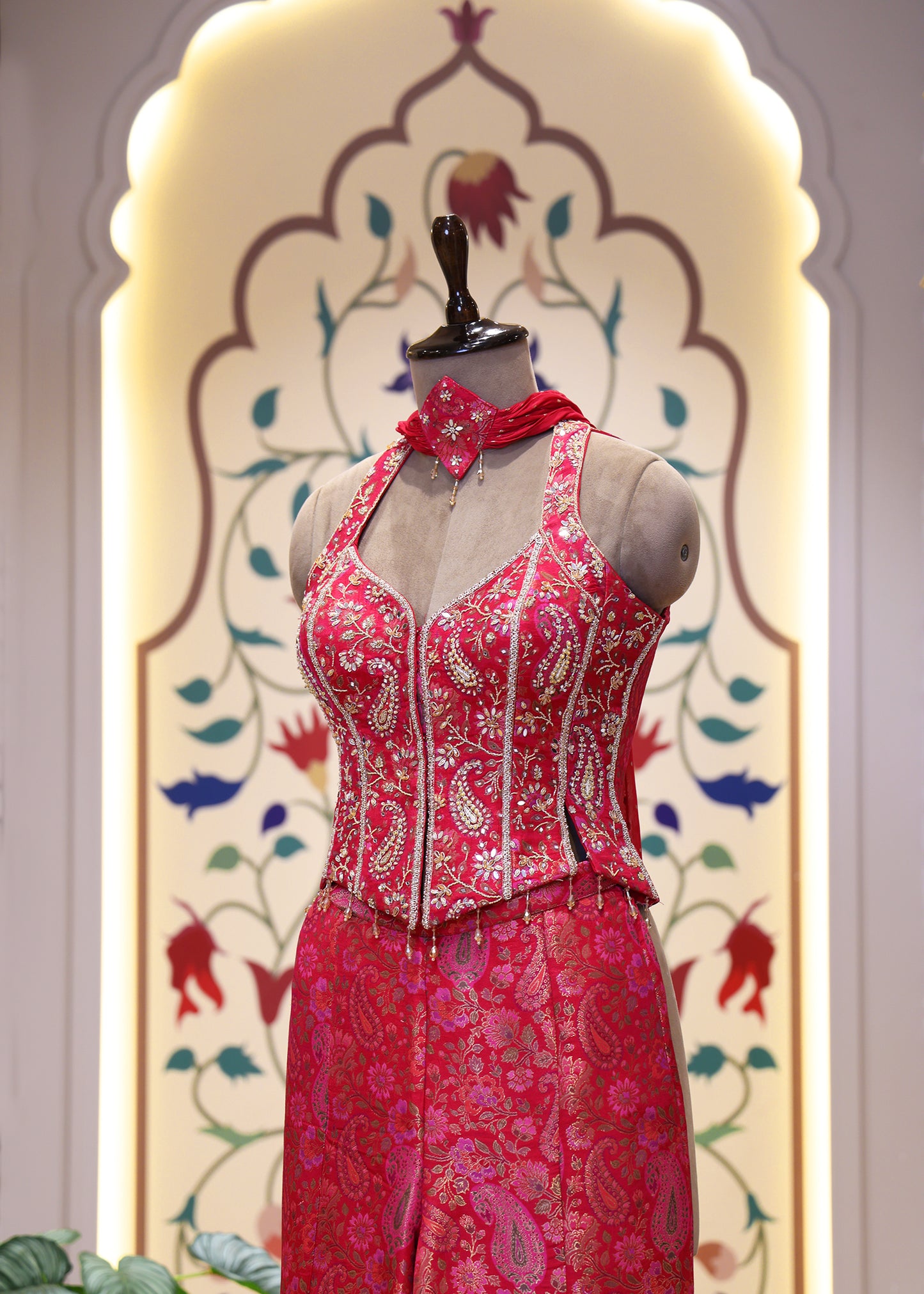 Saiyaara Pink Banarasi Sharara Corset Top Set