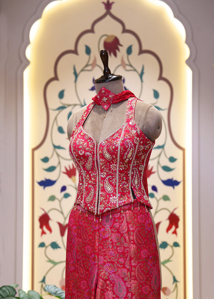 Saiyaara Pink Banarasi Sharara Corset Top Set