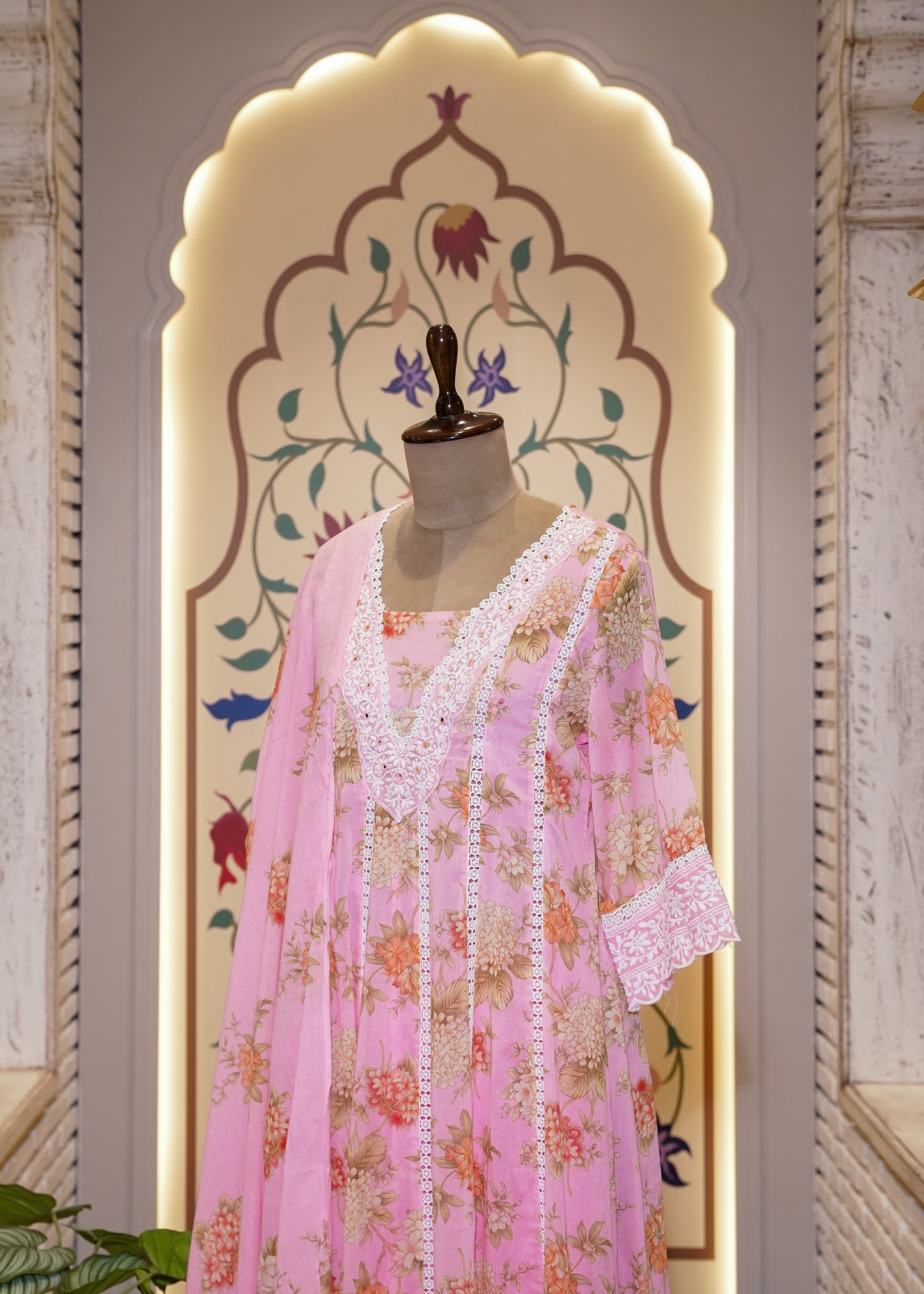 Pink Cotton Printed A Line 3 pc Kurti Set with Thread Embroidery
