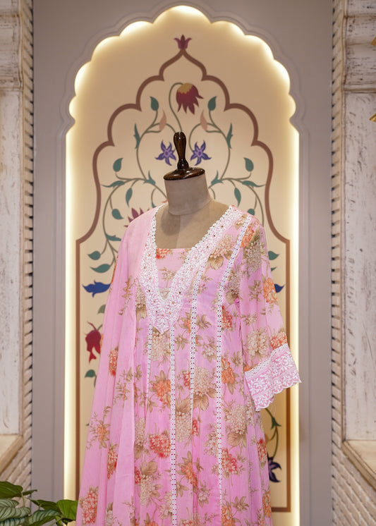Pink Cotton Printed A Line 3 pc Kurti Set with Thread Embroidery