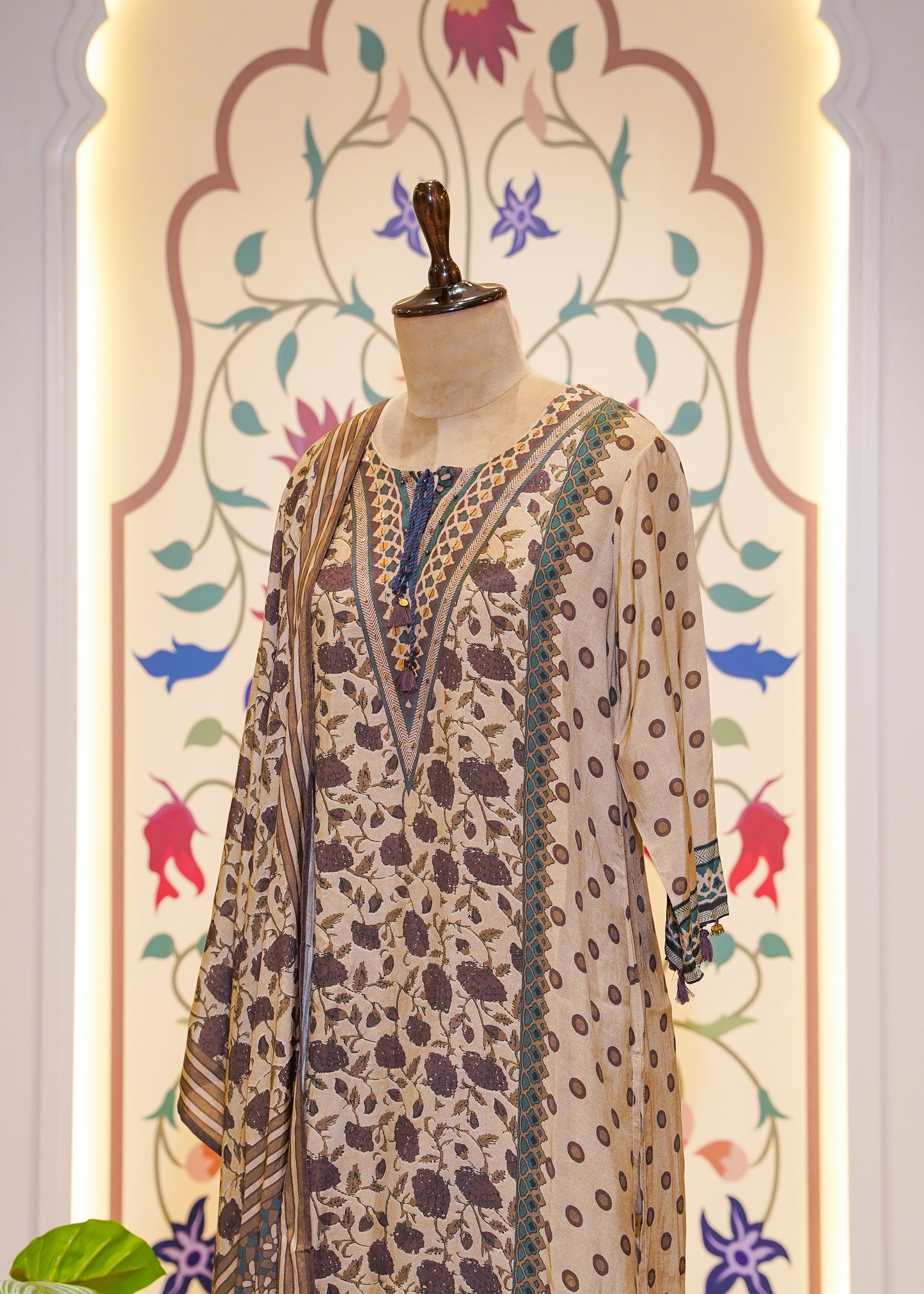 Beige Cotton Printed 3 pc Kurti Set