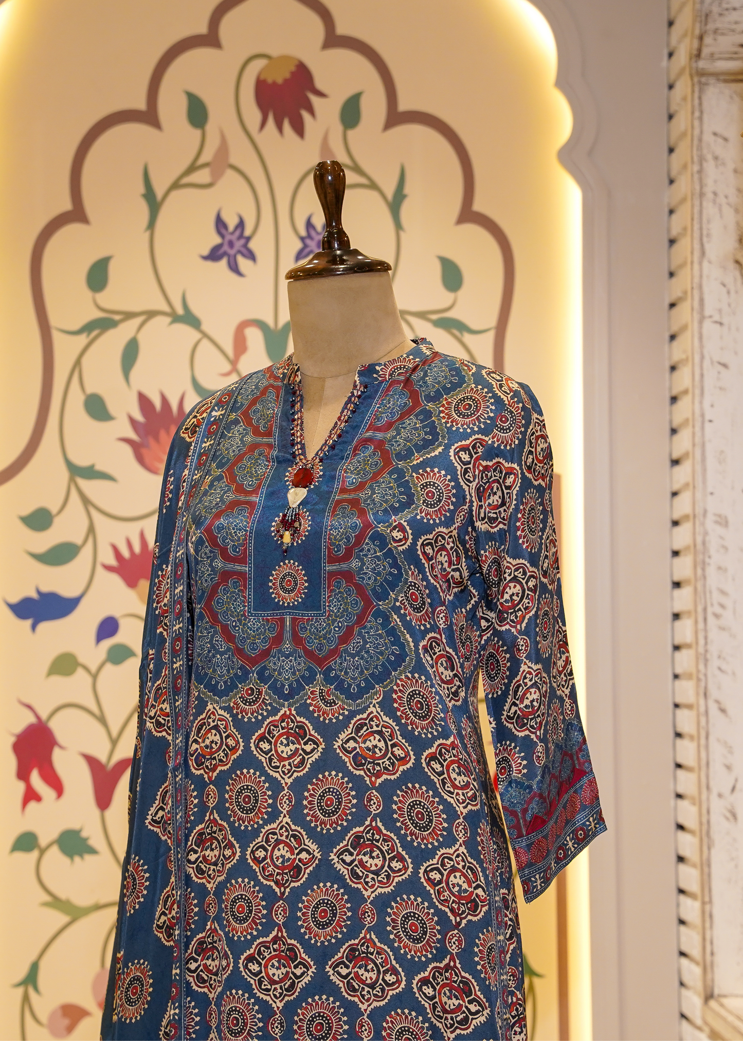Blue & Red Ajrak Printed Muslin 3-Piece Kurti Set