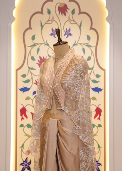 Golden Satin Patterned Skirt with Hand Embroidered Net Cape