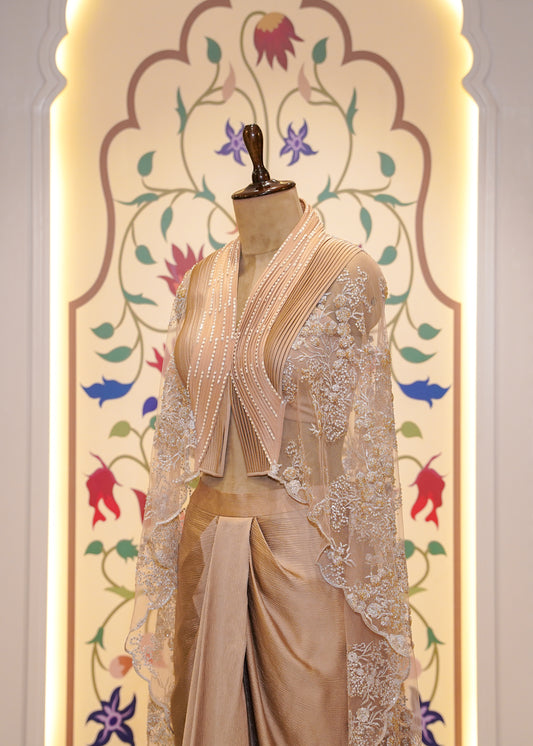 Golden Satin Patterned Skirt with Hand Embroidered Net Cape