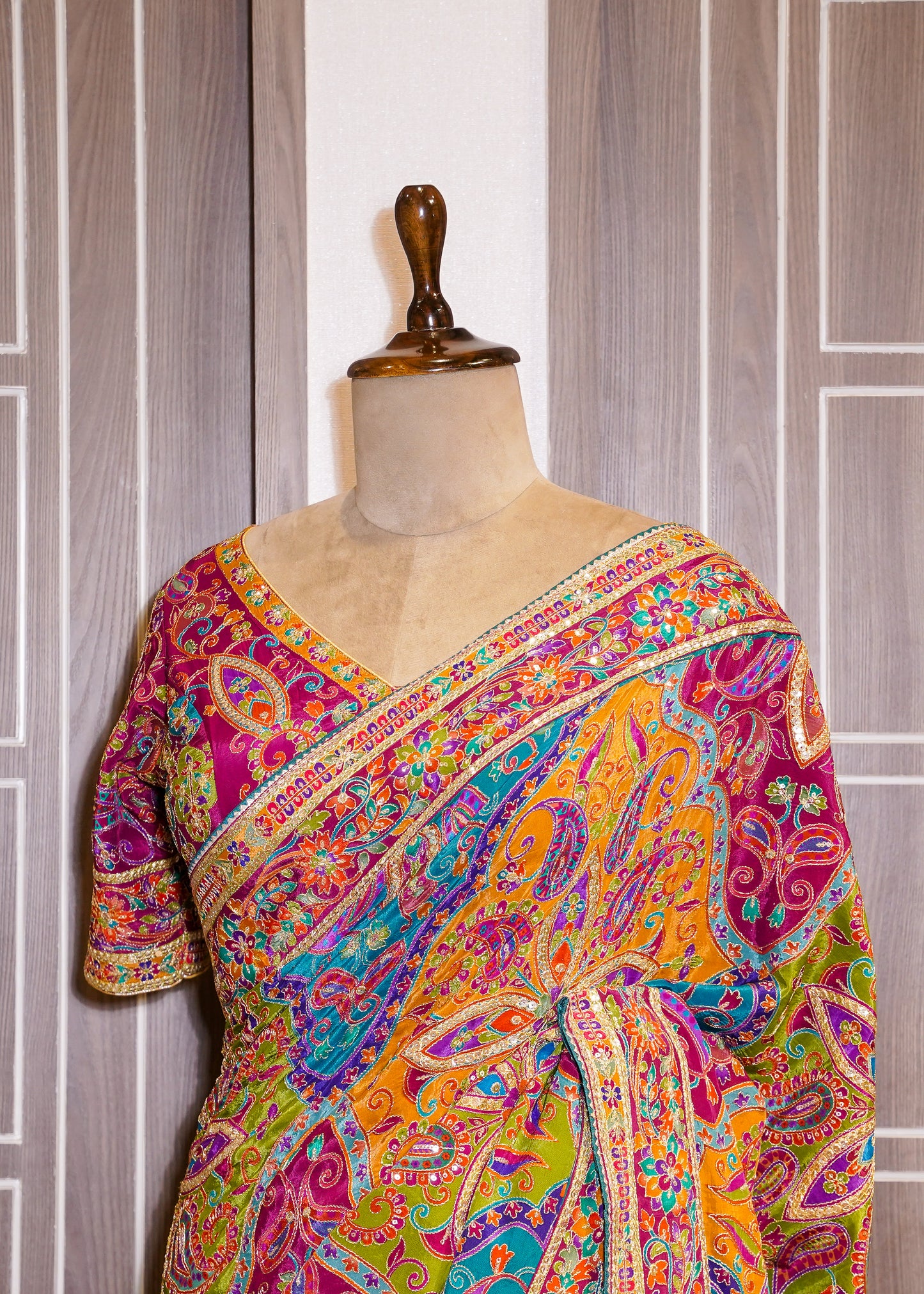 Multi Coloured Printed Zari Embroidered Designer Saree with Stitched Blouse