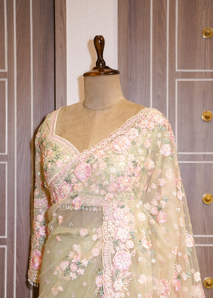 Pista Floral Embroidered Net Saree with Stitched Blouse