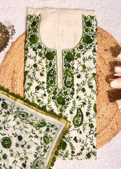 Ivory Chanderi with Green Kantha Embroidery Unstitched Suit Set