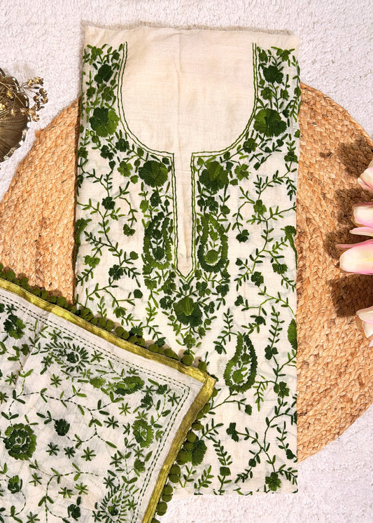 Ivory Chanderi with Green Kantha Embroidery Unstitched Suit Set