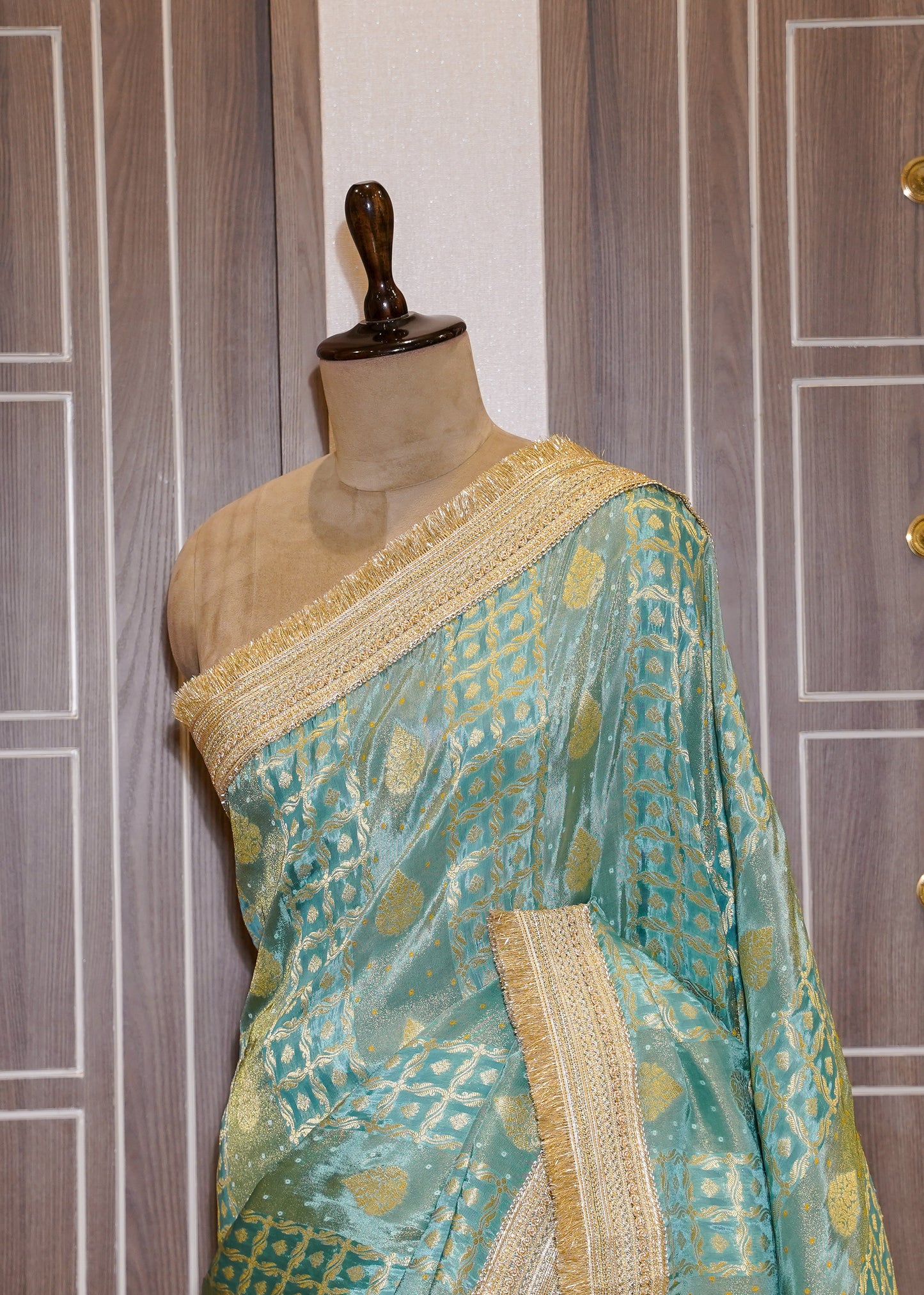 Sea Green Tissue Weaving Saree with Gota Lace and Unstitched Blouse