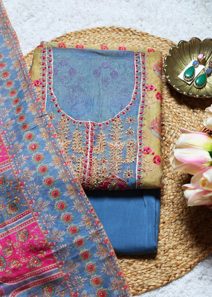 Navy Blue & Mustard Unstitched Suit Set