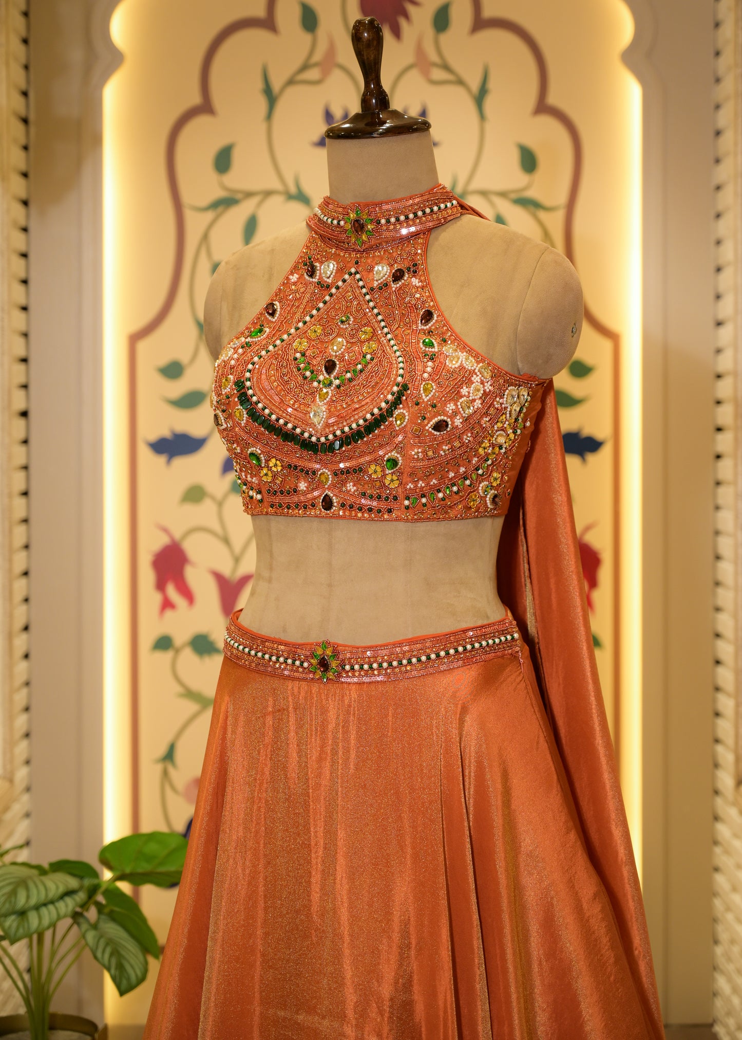 Fanta Orange Halter Neck Gemstones Crop with Skirt