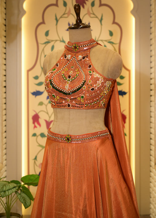 Fanta Orange Halter Neck Gemstones Crop with Skirt