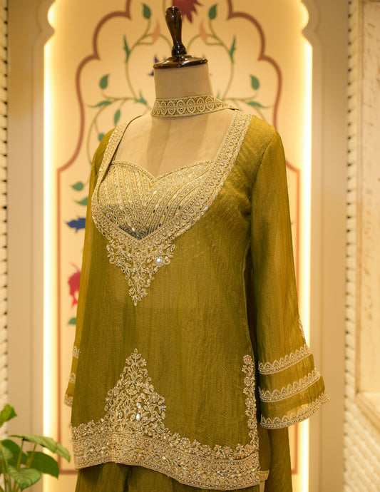 Zehra Olive Embellished Cape Plazo Set