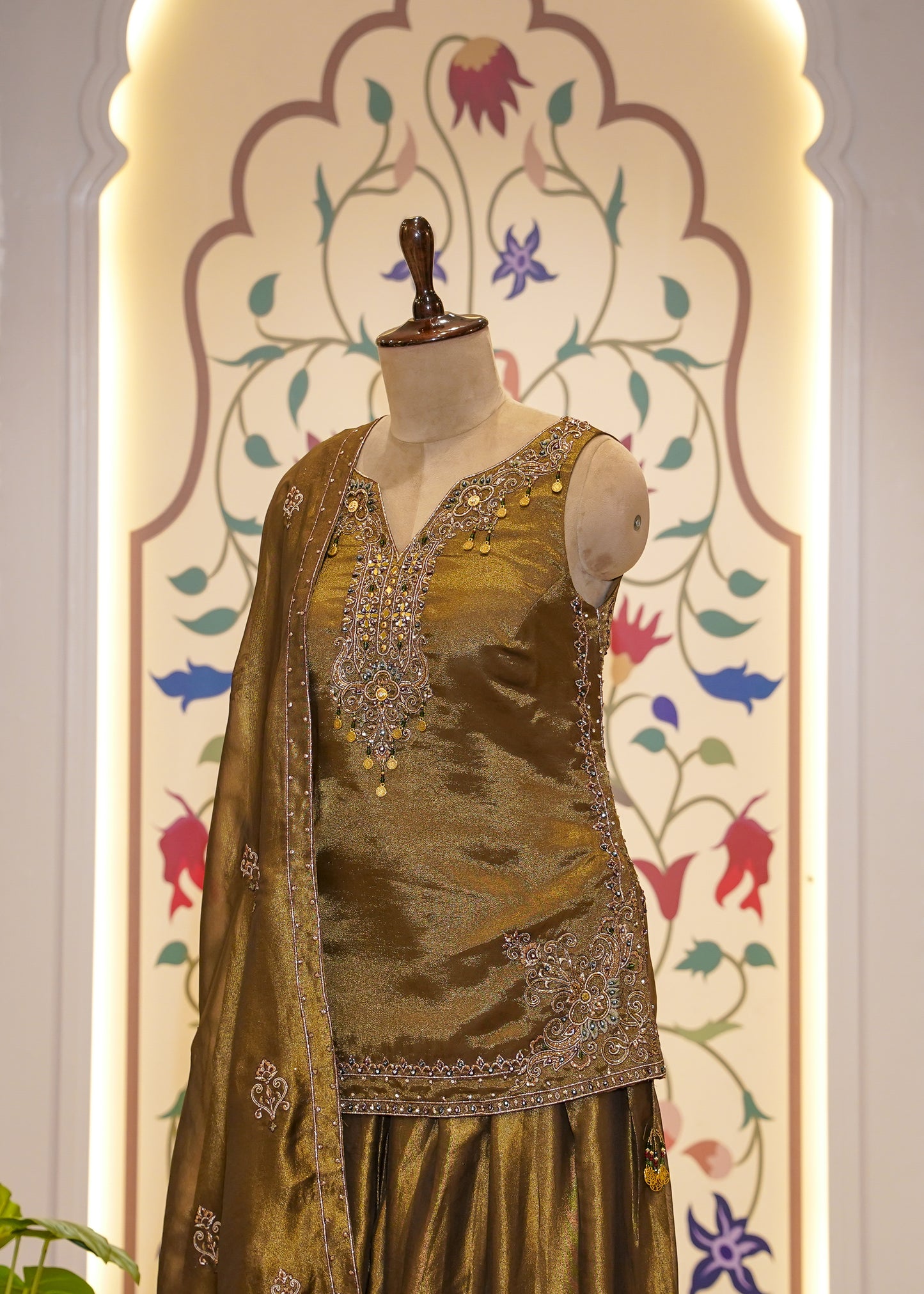 Mehendi Green Tissue Short Shirt with Farshi Salwar 3 pc Suit Set