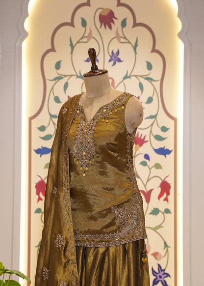 Mehendi Green Tissue Short Shirt with Farshi Salwar 3 pc Suit Set