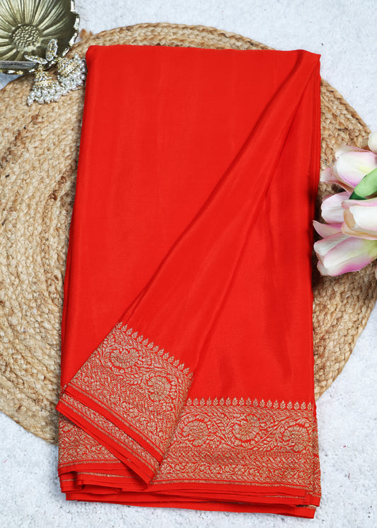 Deeya Plain Orange Banarasi Pure Crepe Saree with Unstitched Blouse