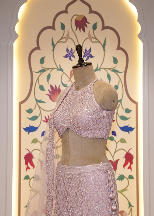 Baby Pink Bead Embroidered Crop Top Fish-cut Skirt Set