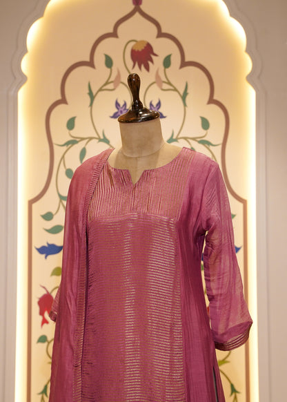 Dusty Pink Mul Cotton Weaved 3 pc Kurti Set