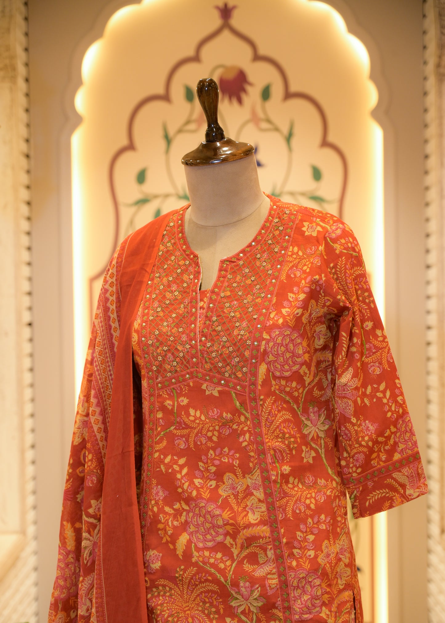 Saaz Orange Stitched Suit Set