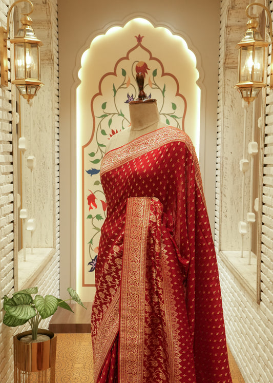 Ruhani Mehroon Booti Embroidered Dola Silk Saree with Unstitched Blouse
