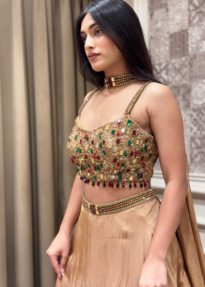 Tissue Golden Gemstone Crop Top Lehenga with Dupatta