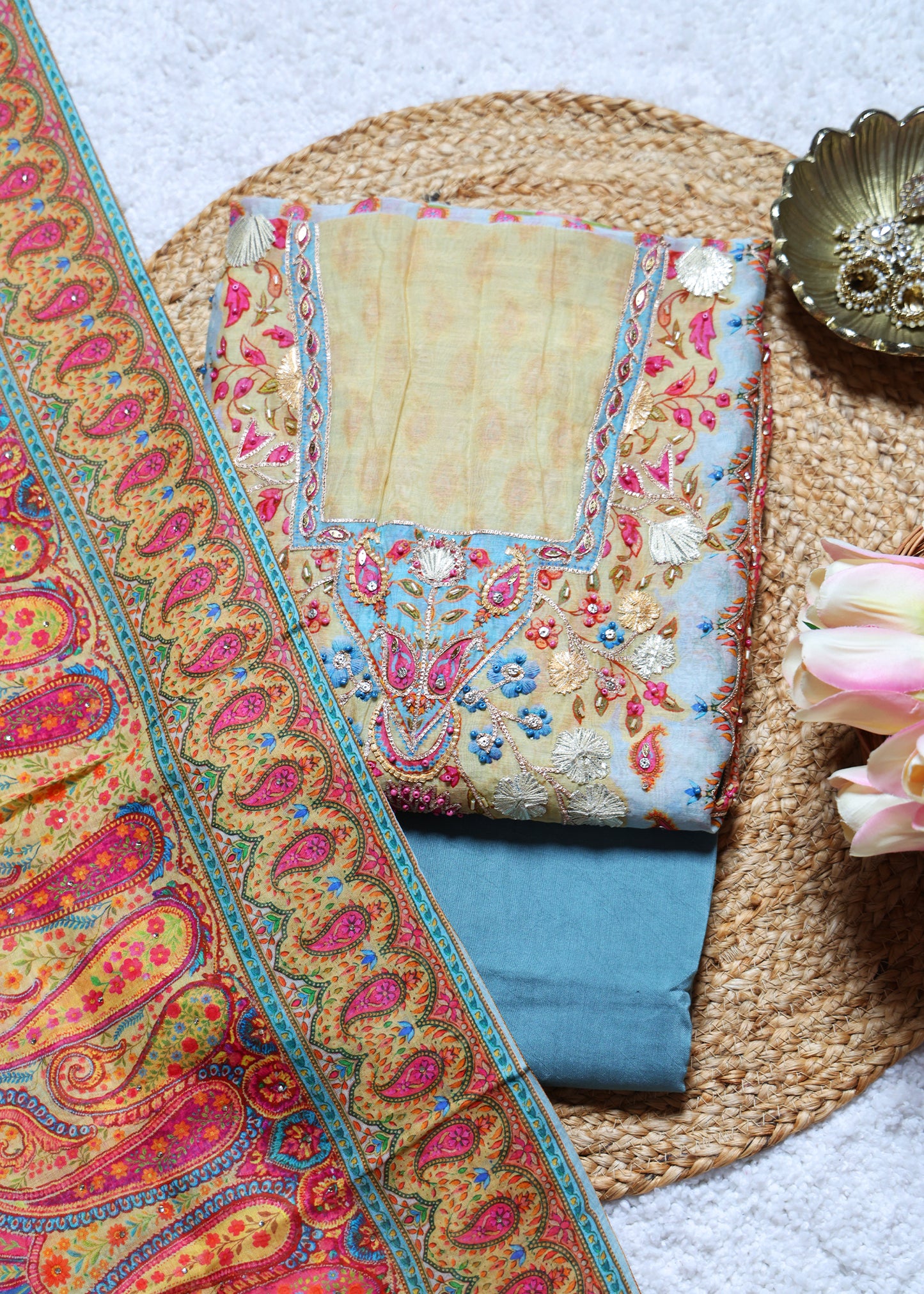 Yami Blue & Pink Paisley Unstitched Suit Set
