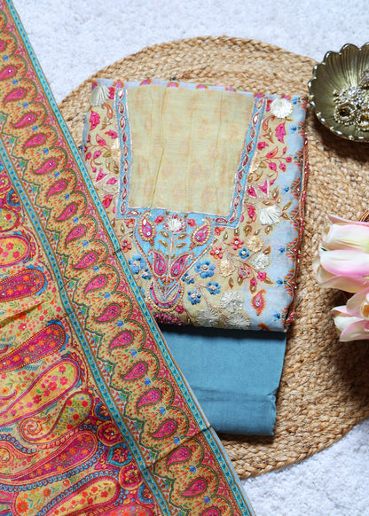 Yami Blue & Pink Paisley Unstitched Suit Set