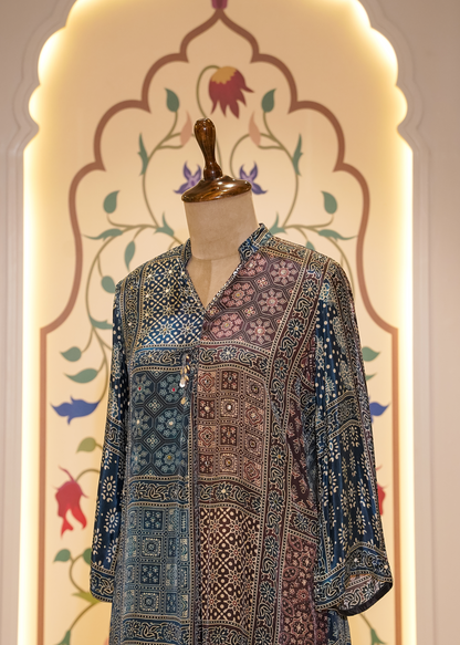 Blue Ajrak Printed Muslin Co-ord Set