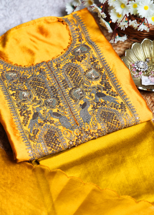 Peela Phool French knot Handcrafted Unstitched Suit Set