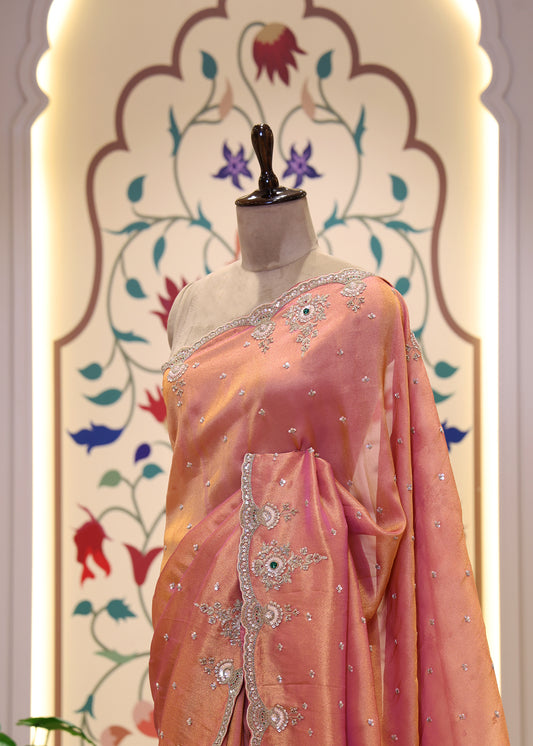 Sitara Peach Gemstones Saree with Unstitched Blouse