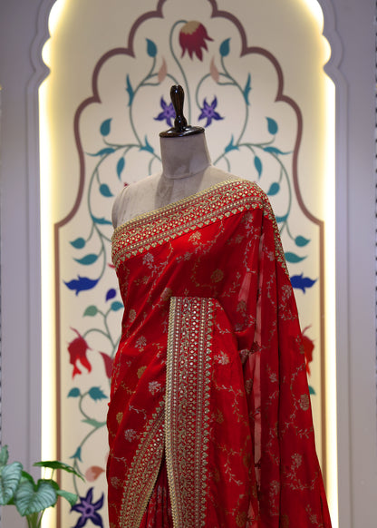 Meenakshi Red Heavy Border Bridal Saree with Unstitched Blouse