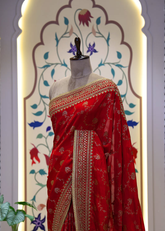 Meenakshi Red Heavy Border Bridal Saree with Unstitched Blouse