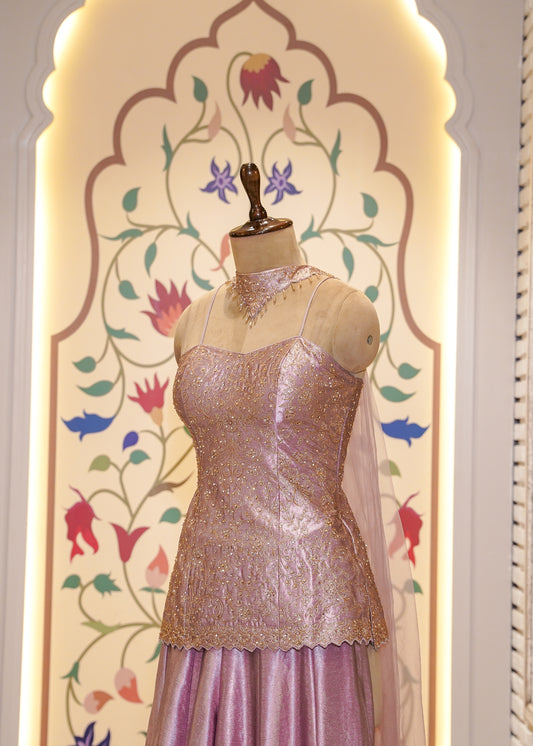 Lavender Dori Embroidered Short Shirt and Plazo Set with Choker Dupatta