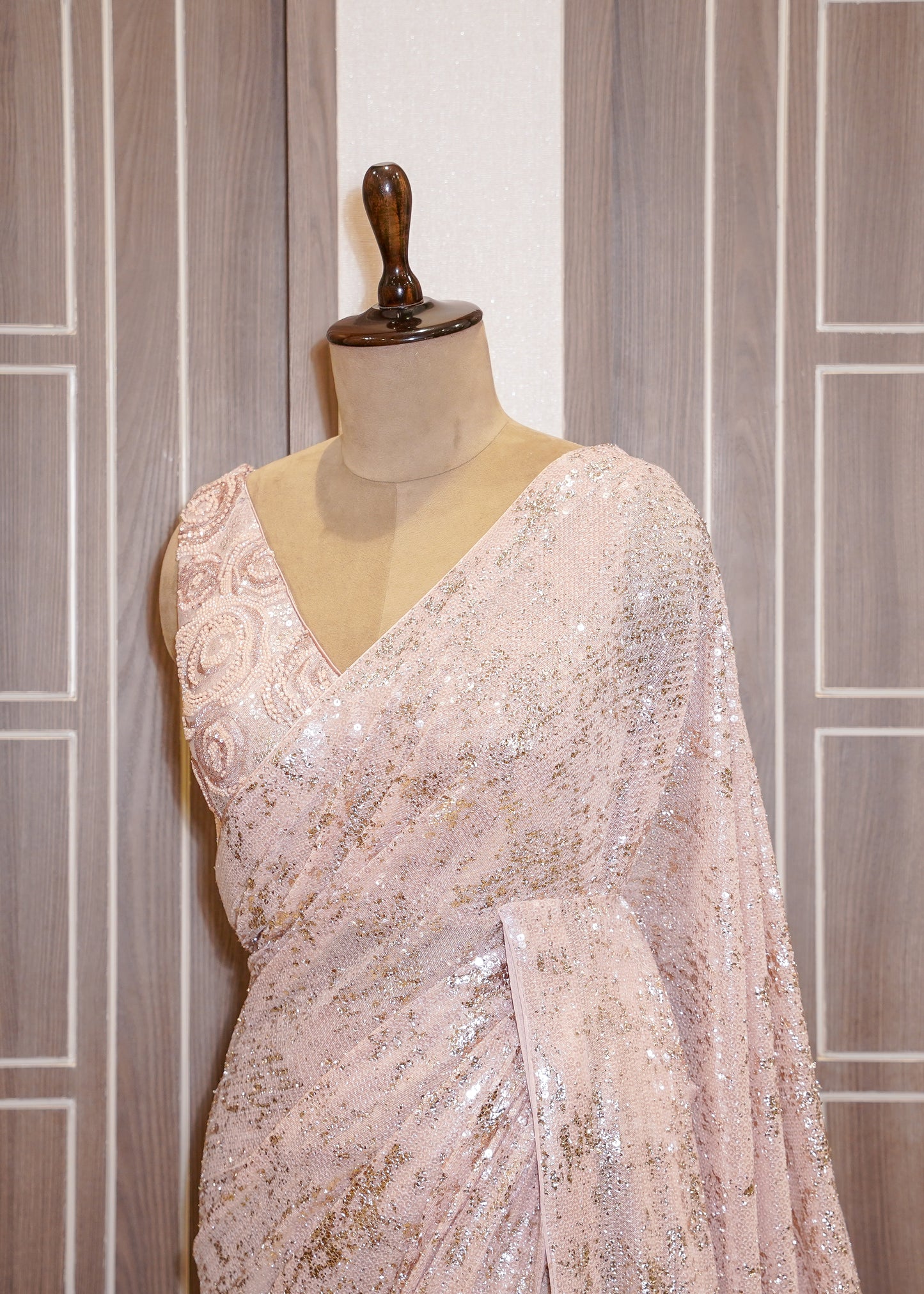 Pink Sequence Saree with Foil Work and Stitched Blouse