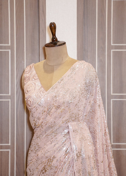 Pink Sequence Saree with Foil Work and Stitched Blouse