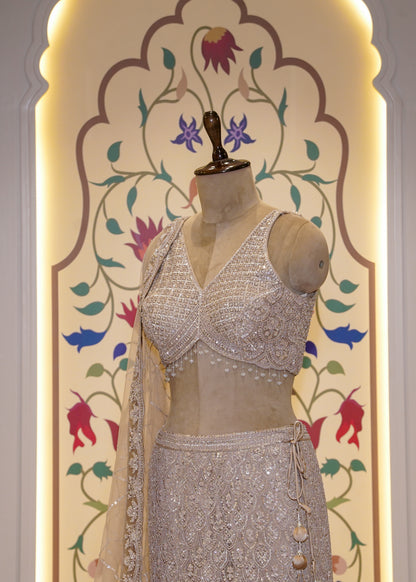 Champagne Gold Bead Embroidered Crop Top Fish-cut Skirt Set