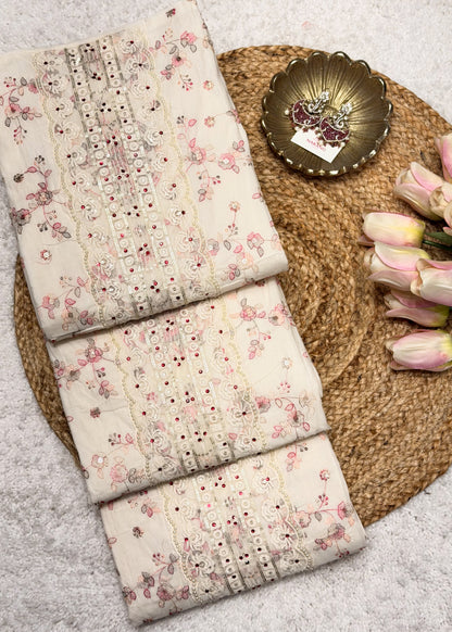 White & Pink Thread Embroidered Unstitched Suit Set