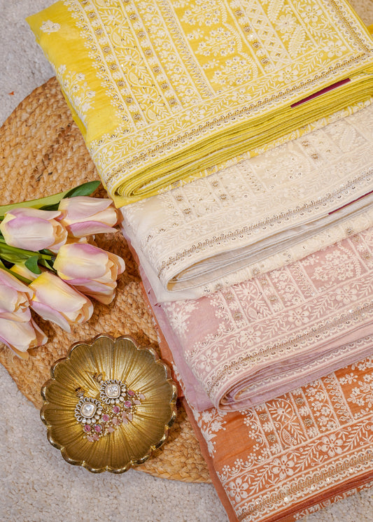 Ivory Mul Cotton Thread Embroidered Saree with Unstitched Blouse