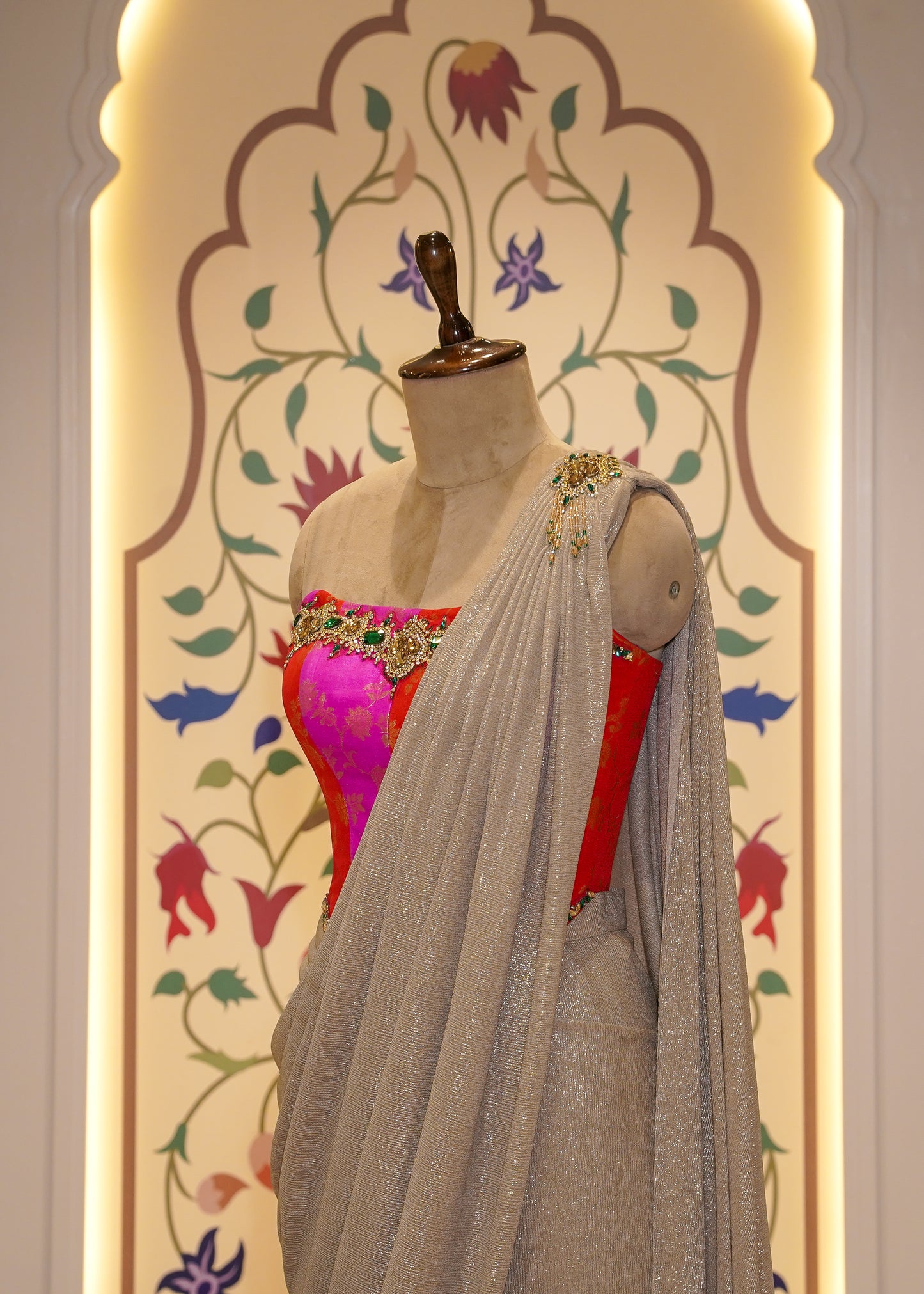Beige Drape Saree with Rani Brocade Silk Corset Top