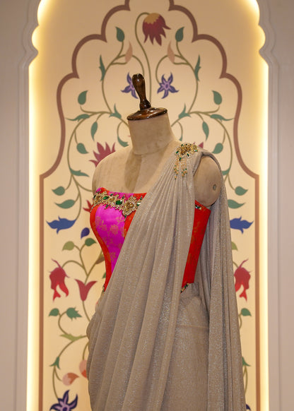 Beige Drape Saree with Rani Brocade Silk Corset Top