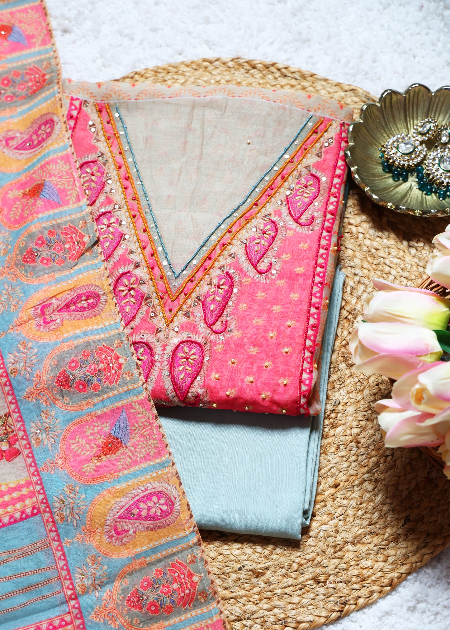 Pulan Pink & Blue Unstitched Suit Set