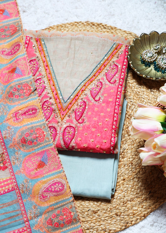 Pulan Pink & Blue Unstitched Suit Set