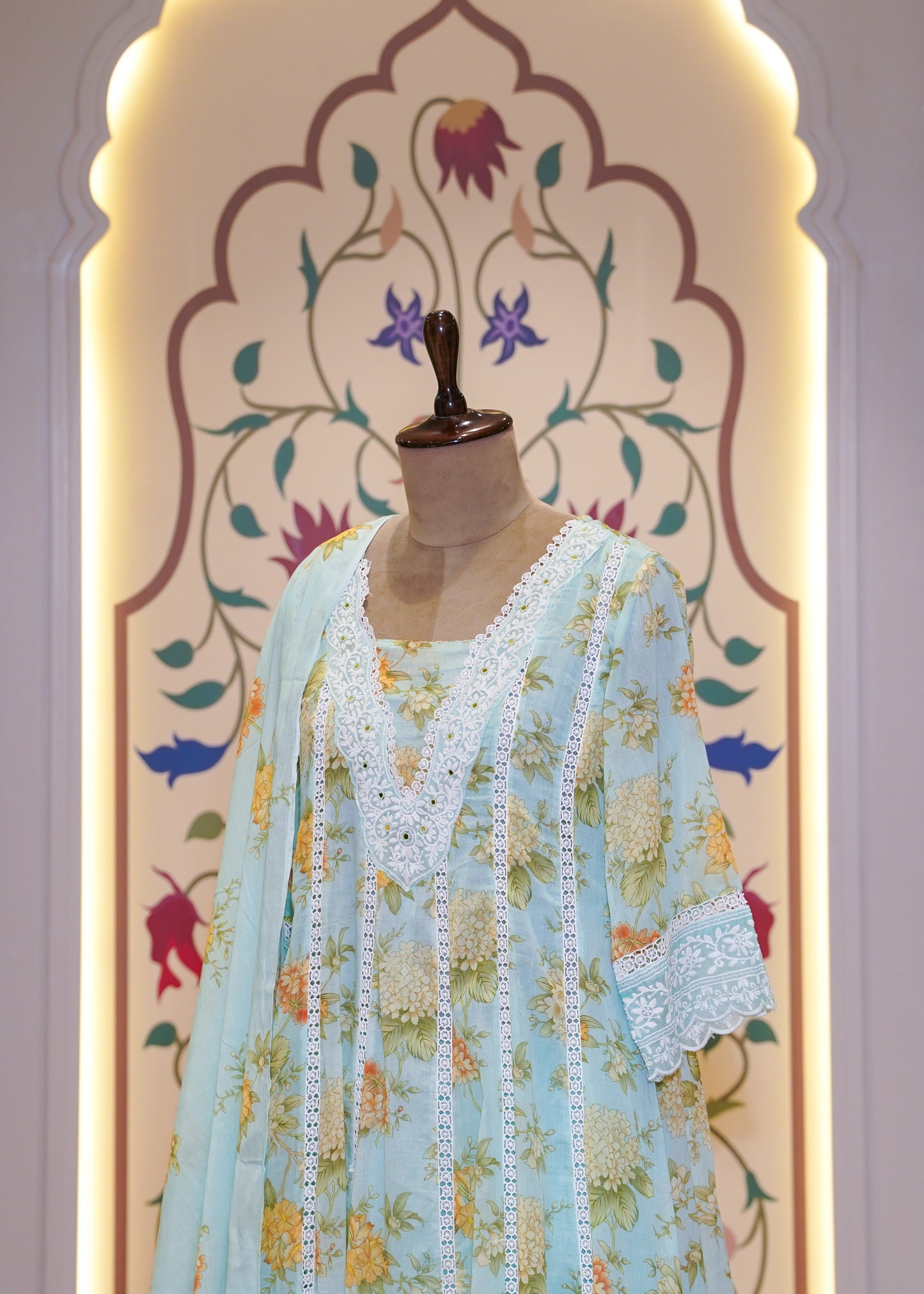 Sea Green Cotton Printed A Line 3 pc Kurti Set with Thread Embroidery